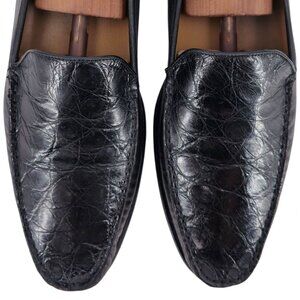 Mezlan Exotic Black Crocodile Vamp Calfksin Dress Shoes Mens 12 Venetian Loafers